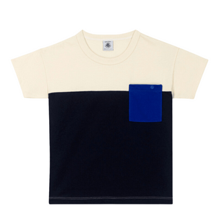 Cream and Navy Short Sleeve Color Block Tee with Pocket