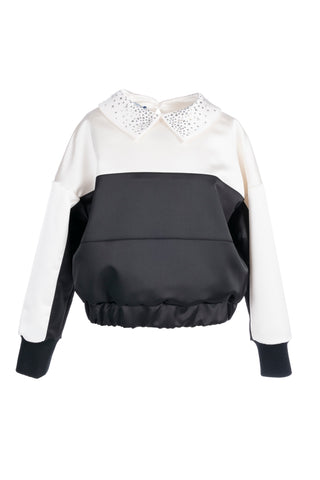 Black N White Colorblock Top with Rhinestone Collar