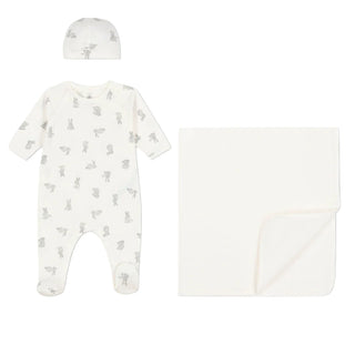 White and Grey Baby 3pc Set Bunny Footie + Hat and Blanket