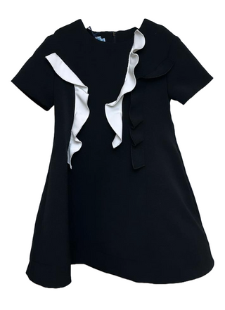 Black LL Flared Dress with Ivory Ruffle Details