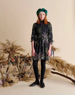 Black and Green Pleated Chiffon Dress 1543