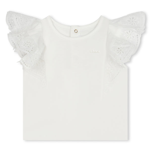 White Jersey Top with Eyelet Trim