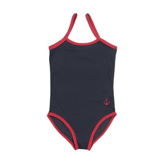Navy Striped with Red Trim Swimsuit
