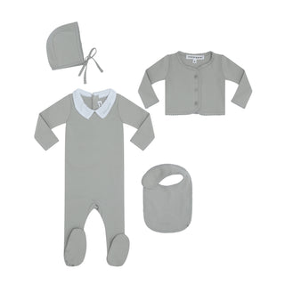 Blue Grey Baby Collar Footie with Cardigan + Bonnet