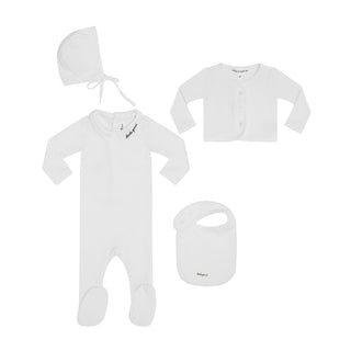 White Baby Collar Footie with Cardigan + Bonnet