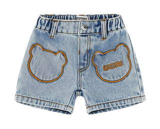 Blue Baby Bear Head Embroidery Denim Shorts