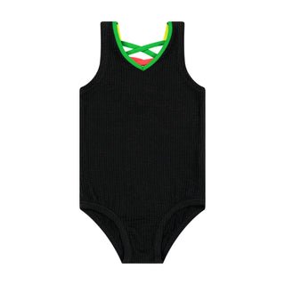 Black Crinkle Bathing Suit with Neon Trim