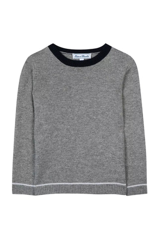 Grey Cashmere Pullover Sweater with Navy Trim