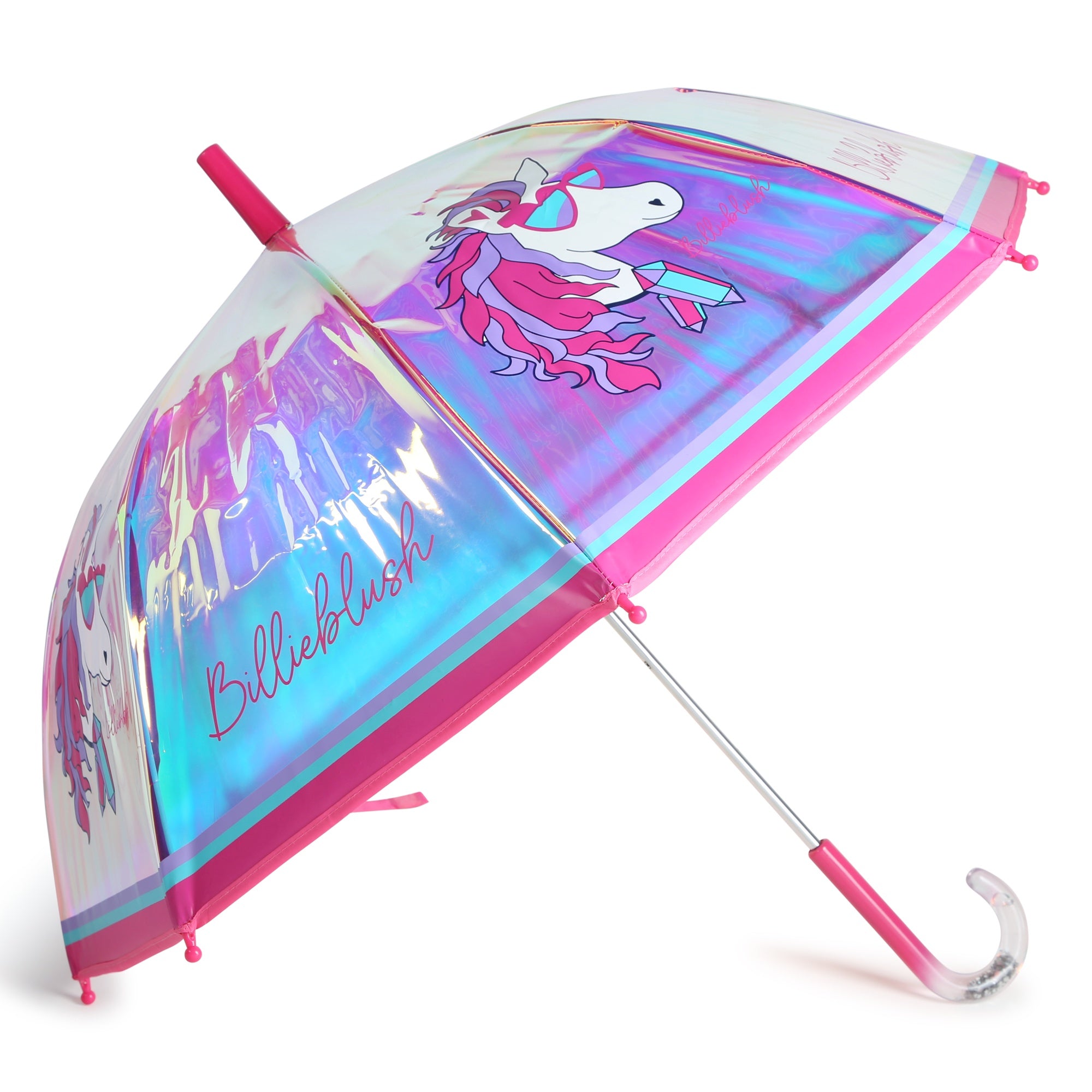 Pink Iridescent Umbrella with Unicorn and Logo | The Red Balloon
