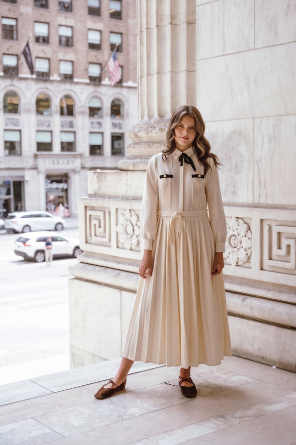 Teen Cream Bow Tie Pleated Maxi Dress