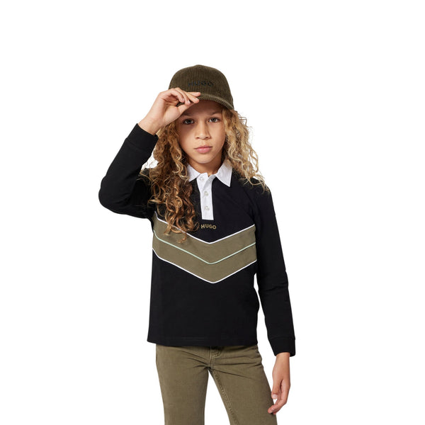 Black with Beige Stripe Long Sleeve Polo