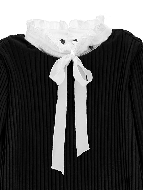 Black Pleated Dress with Removable Collar