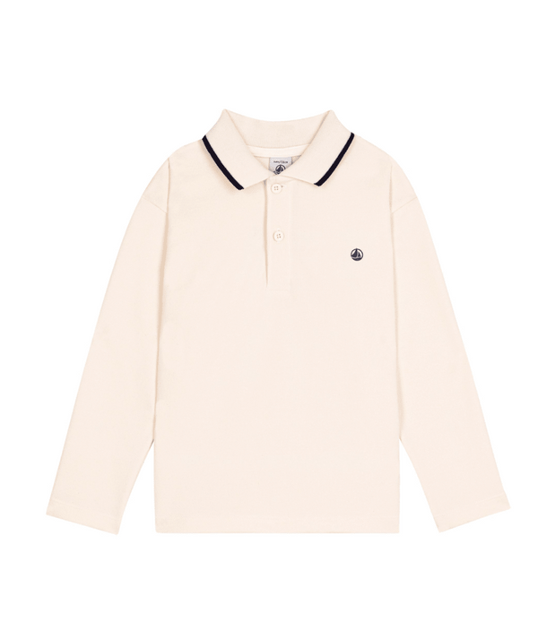 White with Navy Trim Long Sleeve Polo