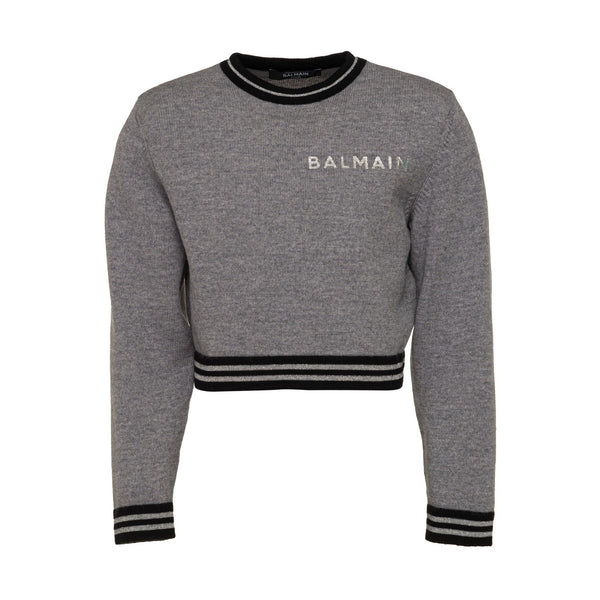 Grey Contrast Stripes Cropped Sweater with Chest Logo