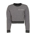 Grey Contrast Stripes Cropped Sweater with Chest Logo