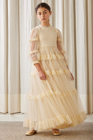 Cream Tulle Pleated Frill Gown