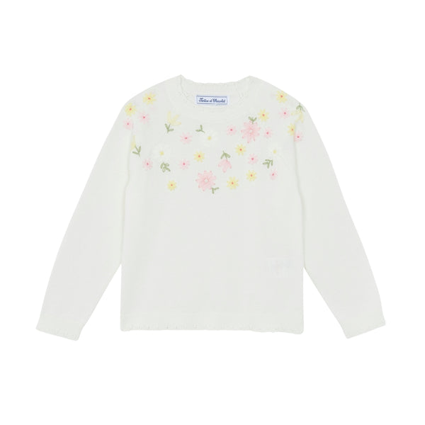 White with Yellow and Pink Floral Embroidered Sweater