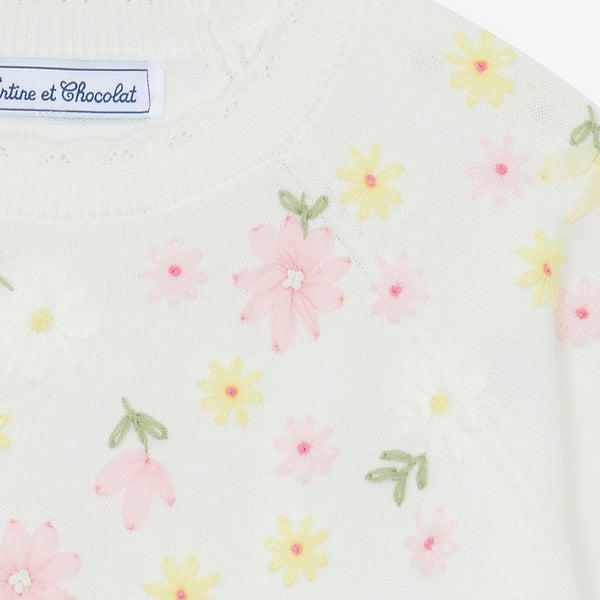 White with Yellow and Pink Floral Embroidered Sweater