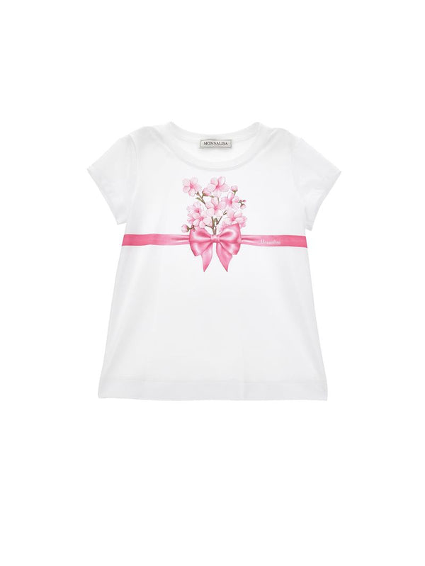 White Tee with Flowers and Bow