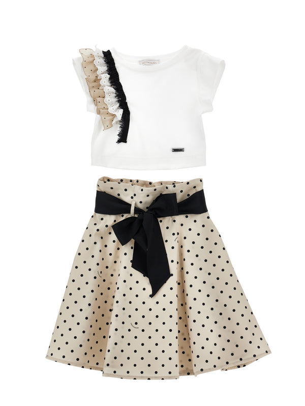 Beige and Black Polka Dot Skirt Set