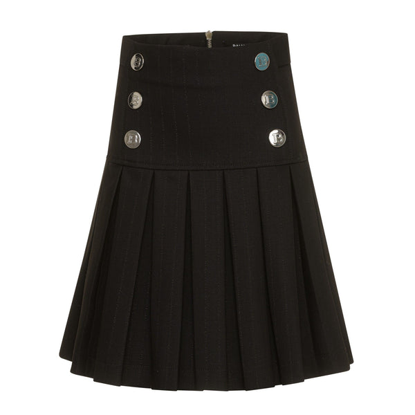 Black Pleated Skirt with Silver Logo Buttons