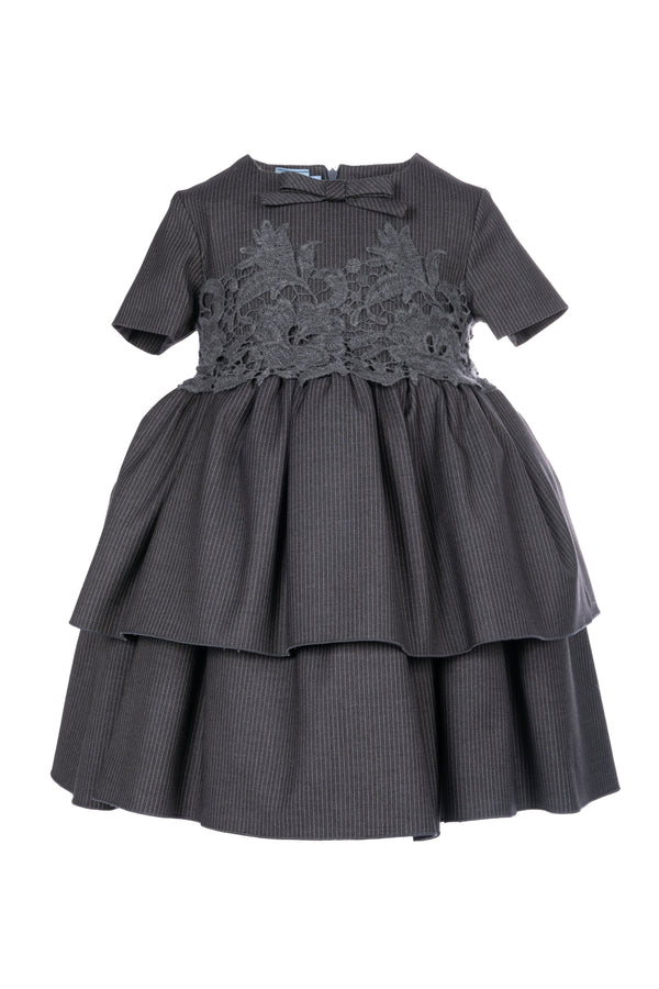 Grey Pinstripe Layered Dress with Lace Overlay