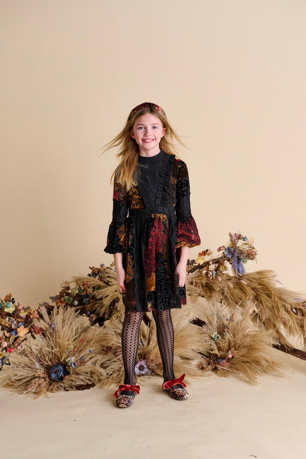 Black and Burnt Orange Lace Flocking Dress 1545 - Main Image