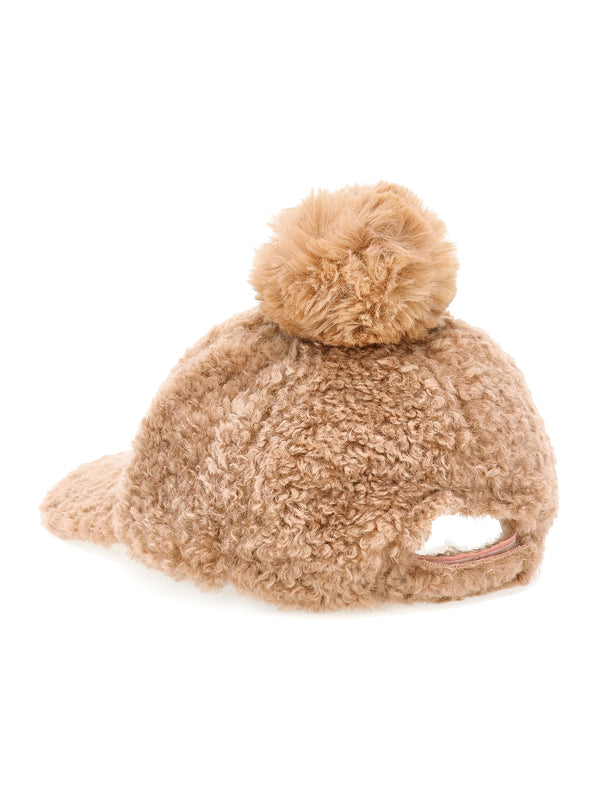 Beige Teddy Hat with Pom-pom