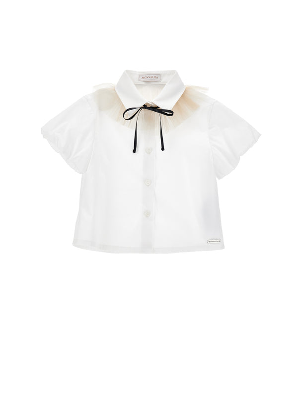White Ruffle Sleeve Neck Tie Blouse
