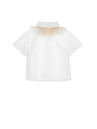 White Ruffle Sleeve Neck Tie Blouse