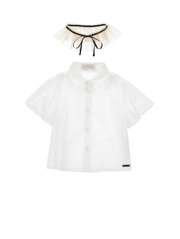 White Ruffle Sleeve Neck Tie Blouse