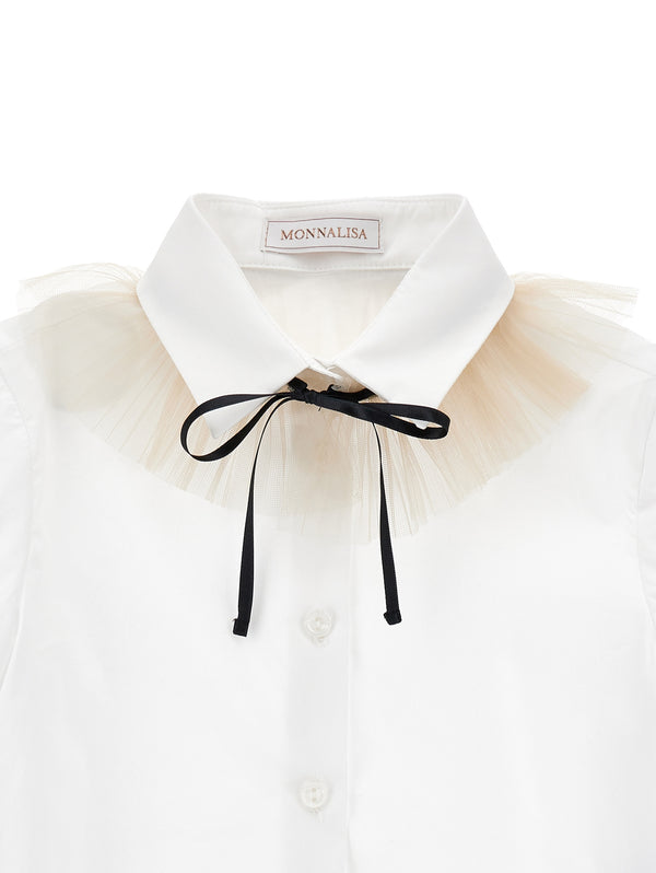White Ruffle Sleeve Neck Tie Blouse
