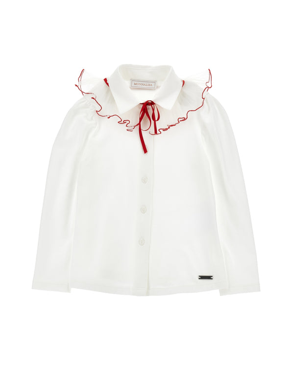 Cream with Ruby Trim Ruffled Collar Blouse