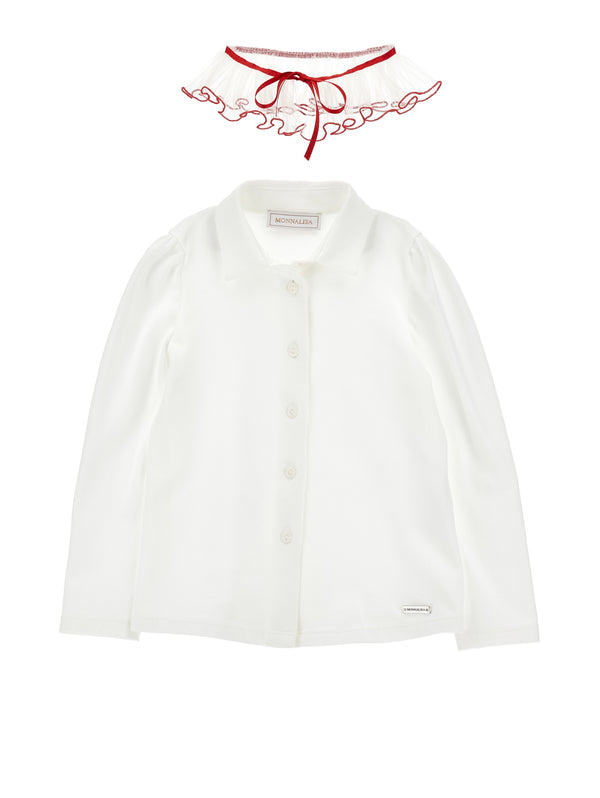 Cream with Ruby Trim Ruffled Collar Blouse