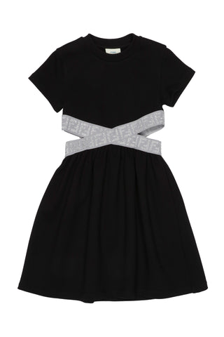 Black Short Sleeve Dress with Silver Trim Cut-Outs
