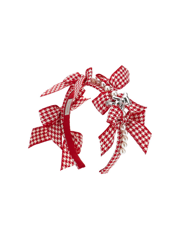 Cream and Ruby Houndstooth Bow Headband