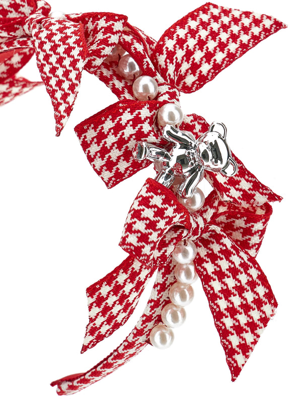Cream and Ruby Houndstooth Bow Headband