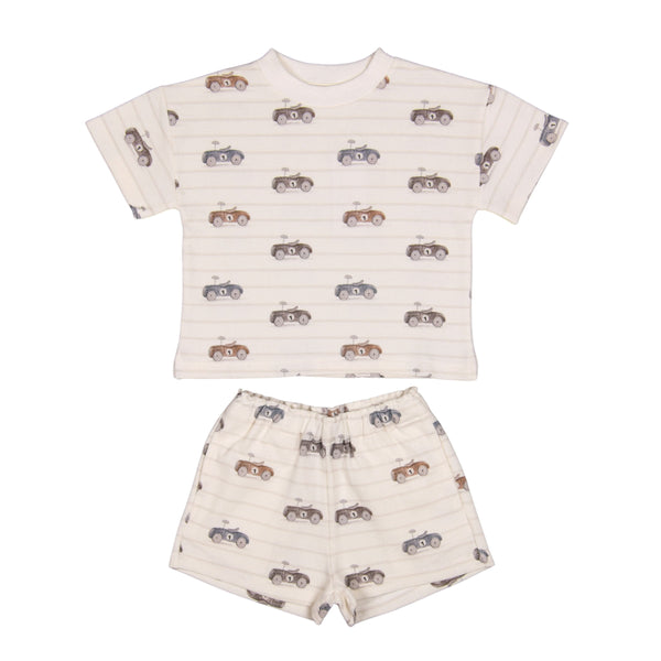 White Sivan Car Print Shorts Set