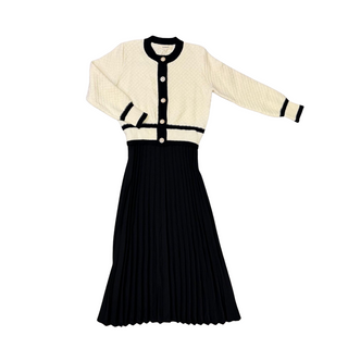 Black with Off White Printed Pleated Dress