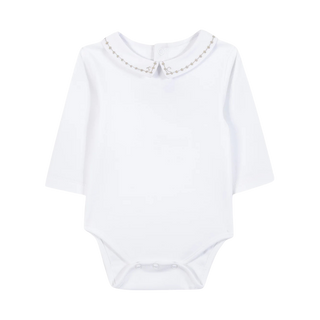 White with Grey Embroidered Collar Long Sleeve Onesie