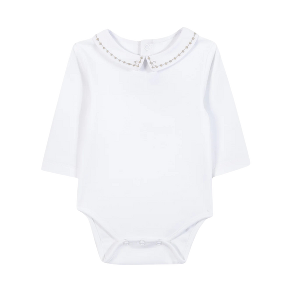 White with Grey Embroidered Collar Long Sleeve Onesie