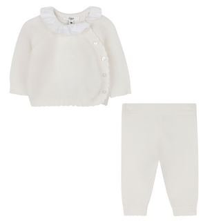 Off White Ruffle Collar Knit Top and Pants Set