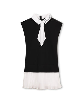 Black Neck Tie Pleated Hem Dress