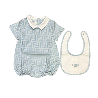 Blue Baby Short Sleeves Logo Romper + Bib