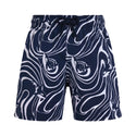Navy Blue Orca Wave Stripe Swim Trunks
