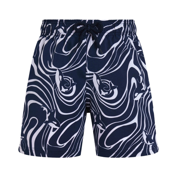 Navy Blue Orca Wave Stripe Swim Trunks