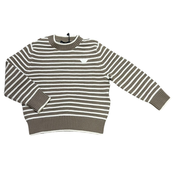 Beige and White Striped Crewneck