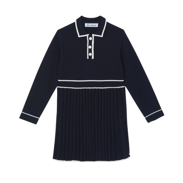 Navy with White Trim Collar Pleated Dress