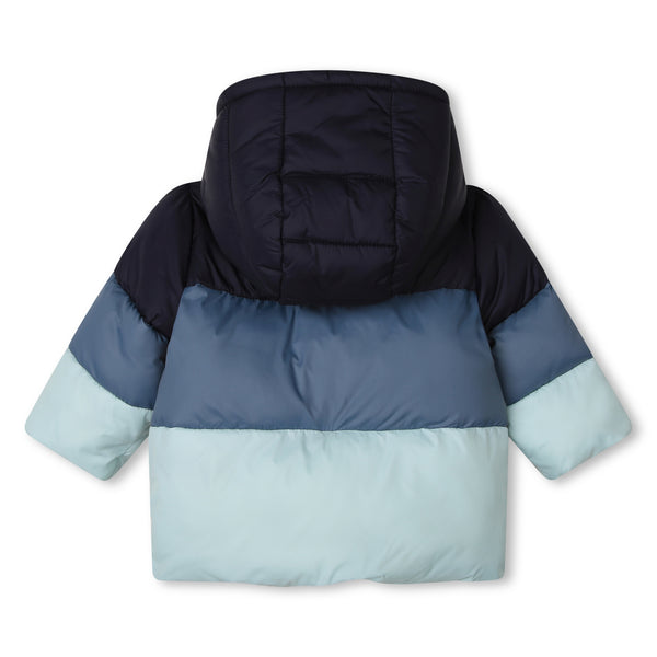 Blue Tri Color Puffer Jacket with Lined Hood