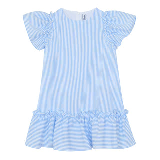 Blue and White Striped Ruffle Sleeve Dress